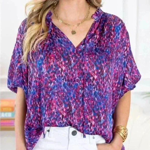 NWT Avara Royal Blue and Pink Printed Front Tie Puff Sleeve Blouse Small - Picture 1 of 6